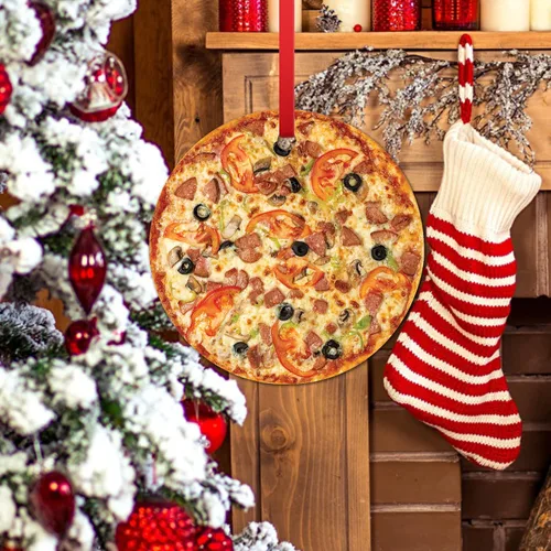 Vista 5 de Decoración de árbol de Navidad de pizza crujiente mixta adorno de Navidad Tomates Salami y Aceitunas Pizza Colgante Adorno de Navidad Adorno