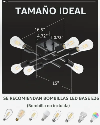 Vista 5 de Lámpara de techo semiempotrada de 6 luces, moderna lámpara Sputnik negra, lámpara de techo de granja E26, lámpara de techo para cocina, dormitorio