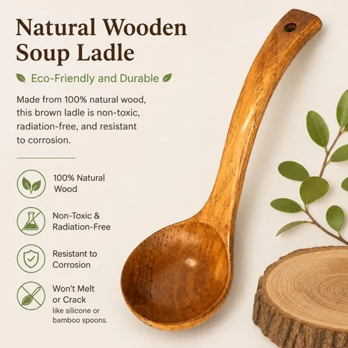 Vista 5 de JB Home Collection, Cucharón de madera para sopa, cuchara de madera natural marrón de 10.35 pulgadas de largo, capacidad de 3.2 onzas líquidas