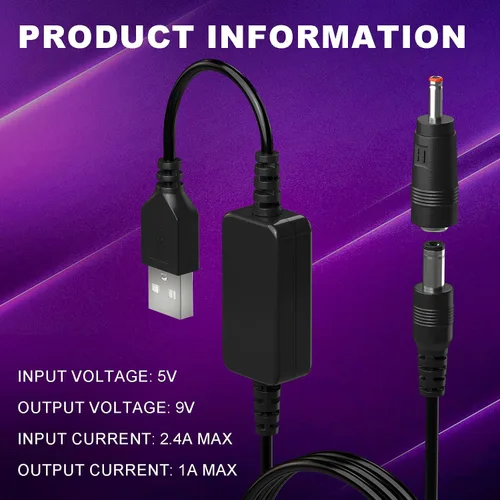 Vista 5 de DROK Adaptador USB a 9 V, convertidor de impulso de CC de 5 V a 9 V, 1,5 A, cable USB de 3.6 ft, convertidor elevador con conector CC macho de 0.217