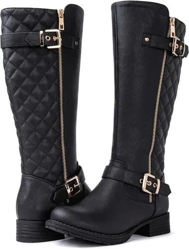 Vista 3 de GLOBALWIN Botas altas acolchadas hasta la rodilla para mujer, de tacón bajo, cómodas, a la moda, elegantes, botas de montar para mujer