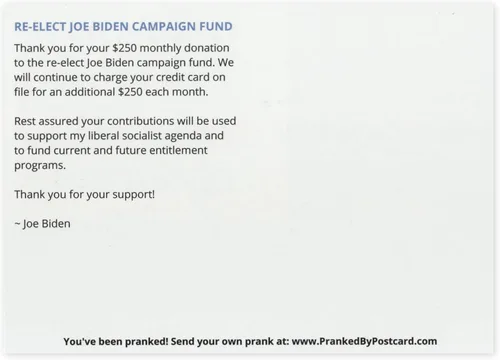 Vista 3 de Crazy Novelty Guy Paquete de 10 postales de broma a granel – Donación de campaña de reelección de Joe Biden – Bromas bromas chistes prácticos