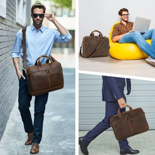 Vista 2 de Jack&Chris Full Grain Leather Briefcase for Men, Business Messenger Bag Laptop Bag Attache Case, Fits 15.6 Inch Laptop Marrón