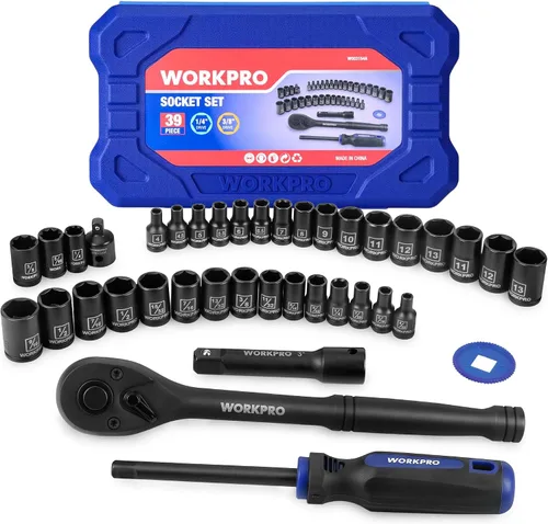 Vista 10 de WORKPRO Juego de 39 piezas de llaves métricas e imperiales CR-V con llave de trinquete de liberación rápida, juego de enchufes compactos