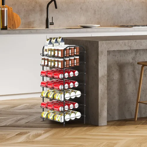 Vista 3 de DOMYDEVM Organizador de latas, organizador de almacenamiento de latas de 7 niveles, soporte negro para bebidas con capacidad para 84 latas
