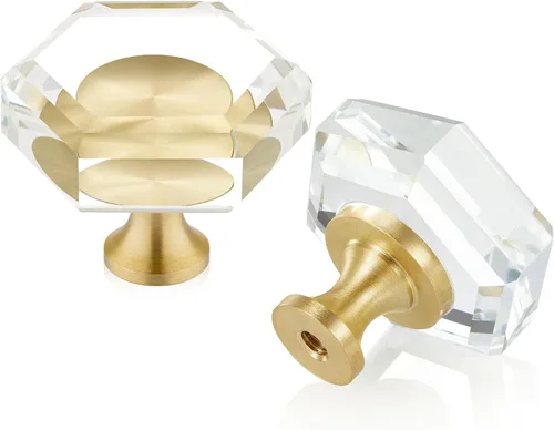 Vista 10 de QOGRISUN Paquete de 2 pomos de gabinete de cristal de latón, pomos de cajón dorados de cristal de cristal, polígono de 1-1/4 pulgadas, tiradores