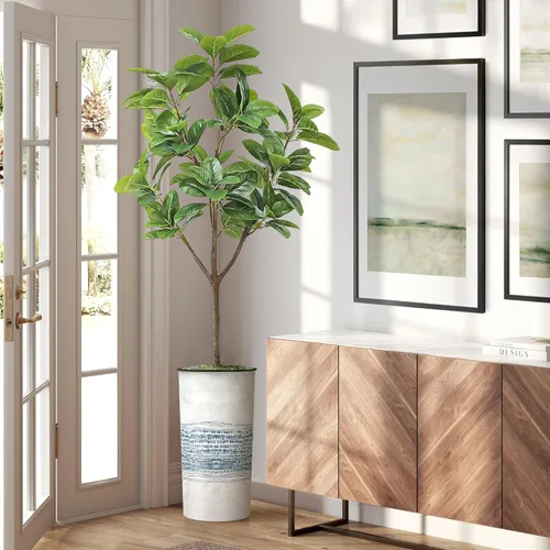 Vista 8 de Árbol artificial en macetero con patrón de línea industrial gris azul, palmera tropical areca artificial de seda para decoración del hogar