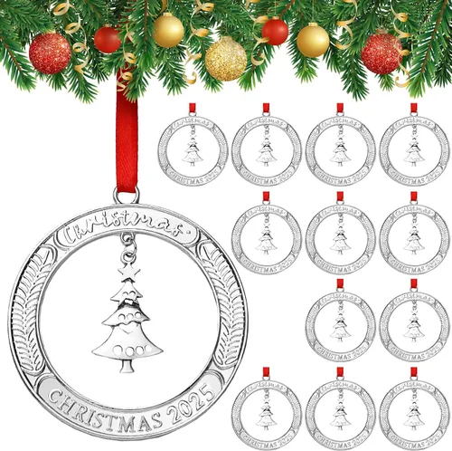 Vista 8 de Jinei 6 adornos de corona de Navidad a granel 2026 de peltre sólido con árbol giratorio de metal para Navidad, regalo decorativo de recuerdo