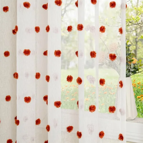 Vista 18 de MYSKY HOME Cortinas rosas para dormitorio de niñas, habitación de guardería, pompones para habitación de niñas y niños, cortinas traslúcidas blancas