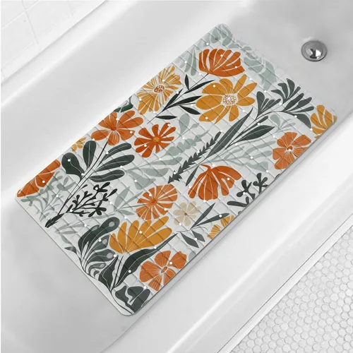 Vista 16 de Tapete de baño floral bohemio morado antideslizante con flores abstractas para ducha, tapete de baño botánico para bañera con ventosas y agujeros
