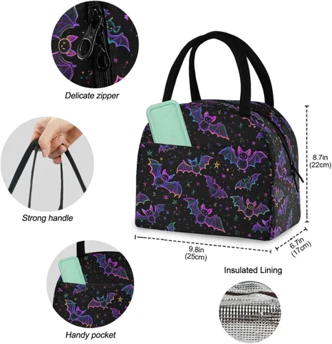 Vista 3 de Bolsa de almuerzo reutilizable para Halloween, colores arcoíris, murciélagos, estrellas, bolsa térmica aislada para el regreso a la escuela