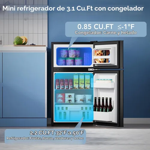 Vista 2 de Electactic 3.1 pies cúbicos Mininevera con congelador de 2 puertas, refrigerador compacto mini con estantes de vidrio ajustables y removibles