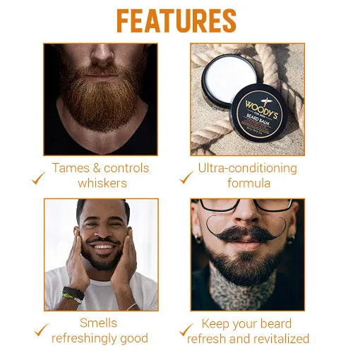 Vista 4 de Woody's Bálsamo para barba 2 en 1 para hombres – Suavizante de barba para hombres y cera de estilo, acondicionador e hidratante de cera de abeja