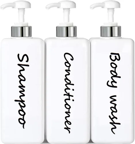 Vista 9 de Dispensador de champú y acondicionador (juego de 3, 21 onzas), moderno y recargable, para jabón de ducha, dispensador de gel corporal vacío para baño