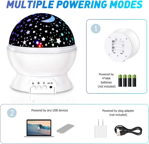 Vista 7 de Luz nocturna para niños, luces nocturnas LED, proyector de estrellas giratorio de 360 grados, 4 LED, 8 colores cambiantes con cable USB, lo mejor