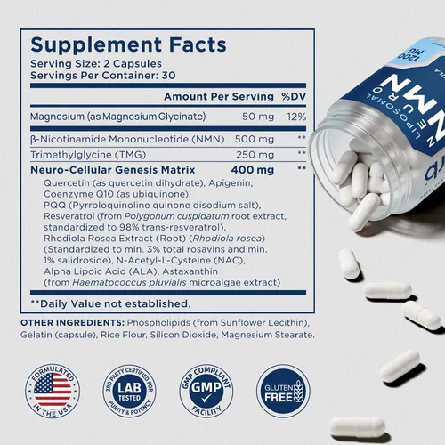 Vista 6 de Suplemento NMN neuroliposomal NMN con resveratrol, TMG, Quercetina, CoQ10, Rhodiola, NAC, Astaxantina y Magnesio NAD+ precursor apoya la energía
