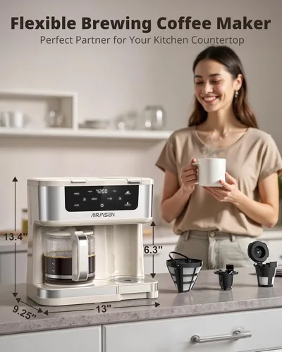 Vista 7 de AIRMSEN Cafetera dual programable de 12 tazas – Máquina de una sola porción para K-Pods y molido, preparación rápida de 1000 W, inicio retardado