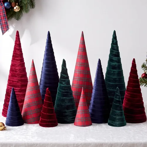 Vista 12 de Ireer 12 piezas Árboles de Navidad de terciopelo varios tamaños cono de terciopelo decoraciones modernas para interiores centro de mesa minimalista