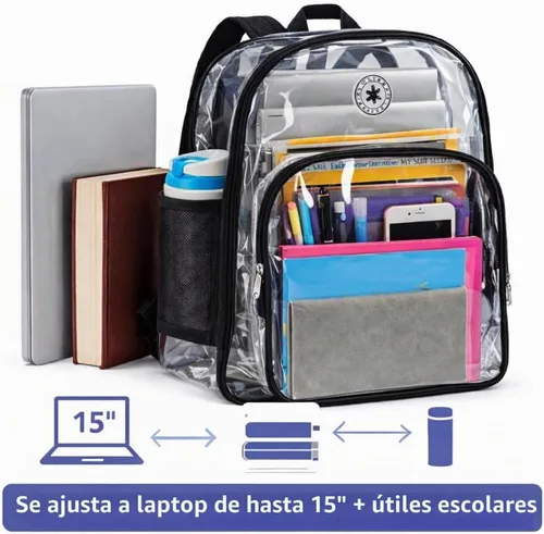 Vista 3 de K-Cliffs Large Transparent Backpack Clear Heavy Duty School Bag Durable Student Bookbag See Through Vinyl Daypack Workbag Claro/Negro