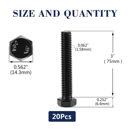 Vista 2 de Tornillo de cabeza hexagonal de 3/8-16 x 3 pulgadas, 20 piezas de acero inoxidable 18-8 (304), totalmente roscado, óxido negro por SG TZH