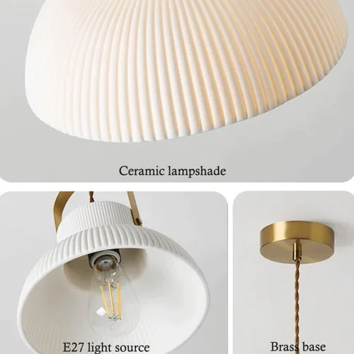 Vista 7 de Luces colgantes de isla de cocina de mediados de siglo, lámpara colgante de cerámica blanca nórdica, lámpara colgante de latón cepillado dorado