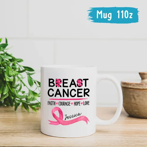 Vista 4 de Taza personalizada para sobrevivientes de cáncer, taza de cáncer de mama, taza de cinta rosa, regalo para sobreviviente de cáncer de mama, taza