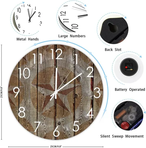 Vista 2 de Reloj de pared de granja con estrella de Texas occidental que no hace tictac, funciona con pilas, reloj para colgar en la pared, estilo Shabby