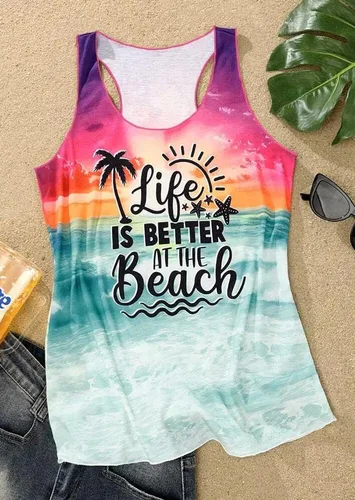 Vista 3 de Sun Sand and in My Hand - Camiseta sin mangas para mujer, diseño de verano hawaiano, playa, camiseta sin mangas, linda camiseta sin mangas