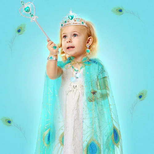 Vista 3 de Fedio Princess Cape Set 7 Pieces Girls Princess Cloak with Tiara Crown, Wand for Little Girls Dress up