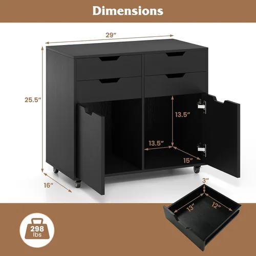 Vista 3 de Archivador negro con 4 cajones y 2 puertas Organizador de almacenamiento móvil para debajo del escritorio, soporte de impresora de madera sobre