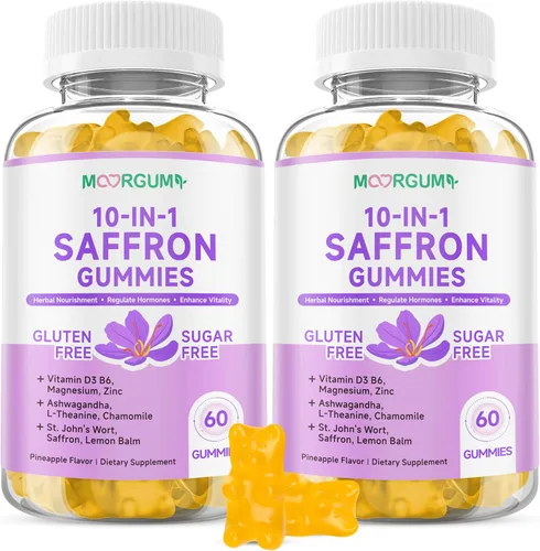 Vista 10 de Gomitas de Azafrán para Adultos y Niños, Suplemento Regulador de Cortisol 10-EN-1 con Azafrán 88.5mg, Vitamina D3, B6, Magnesio, Zinc, Ashwagandha