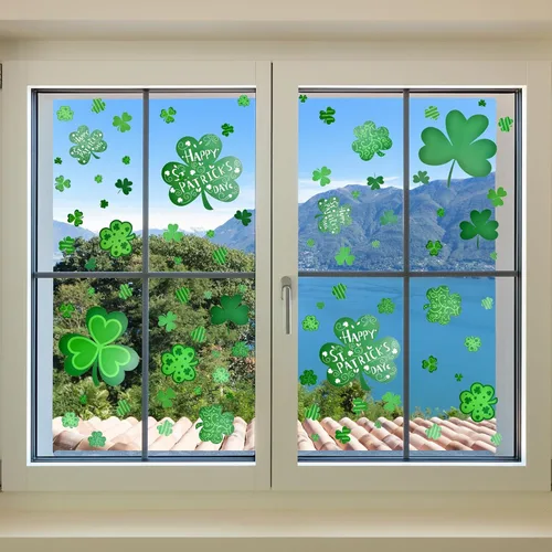 Vista 6 de 8 hojas de calcomanías de vinilo para ventanas de vidrio, varios diseños de trébol y feliz San Patricio, calcomanías de vinilo extraíbles