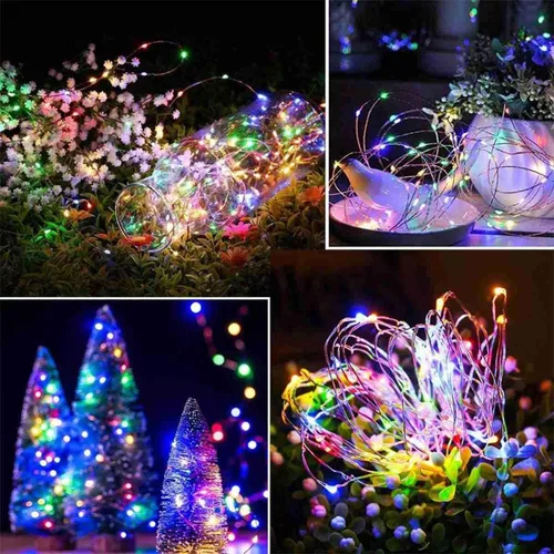 Vista 2 de Paquete de 2 luces de hadas que funcionan con energía solar, 39 pies, 100 luces LED de alambre plateado, impermeables, mini luciérnagas