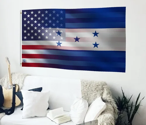 Vista 4 de Bandera híbrida estadounidense hondureña de 3 x 5 pies: pancarta 100% poliéster, ojales de latón y cabecera de lona fuerte, para uso en exteriores