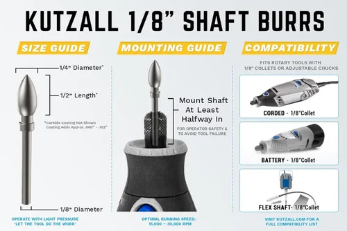 Vista 3 de Kutzall Kit de fresas rotativas de 5 piezas, eje de 1⁄8 pulgadas, grano variado, brocas para tallar madera para Dremel, Foredom, Ryobi, DeWalt