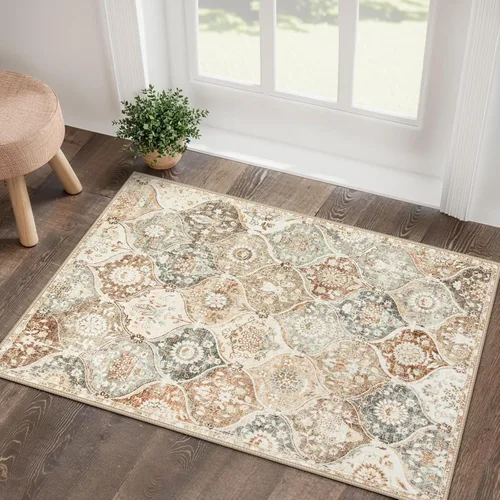 Vista 39 de Lahome - Alfombra marroquí antideslizante y lavable, pequeña alfombra oriental para dormitorio, cocina, entrada, baño, entrada, 61 x 91 cm, crema