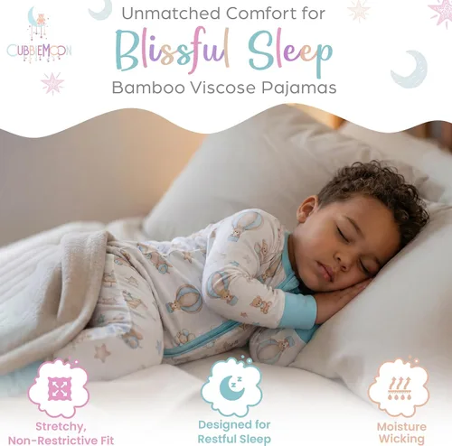 Vista 2 de Pijama de viscosa de bambú con cremallera de 2 vías para cambio de pañal, 0 a 24 meses, suave y elástico, paquete de 2 Oso azul