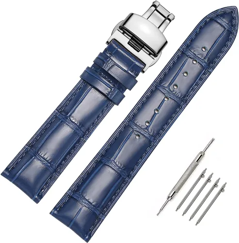 Vista 13 de Moran - Correa de cuero genuino con estampado de cocodrilo y cuero vacuno, hebilla de despliegue de repuesto, correa de reloj de 18 mm a 24 mm