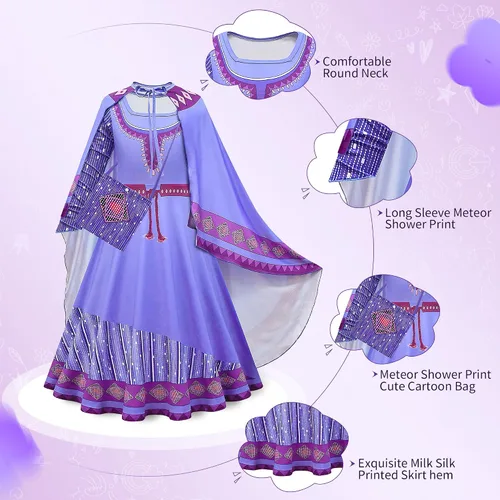 Vista 3 de Tibeha Wish Movie Asha Princess Costume for Girls, Kids Cosplay Christmas Party Dress Up Outfits