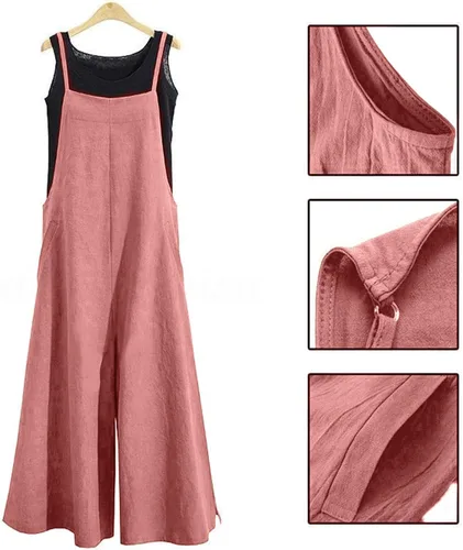 Vista 4 de YESNO - Enterizo holgado de estilo informal, overol con pantalones largos de pierna ancha, de algodón y con bolsillos, para mujer