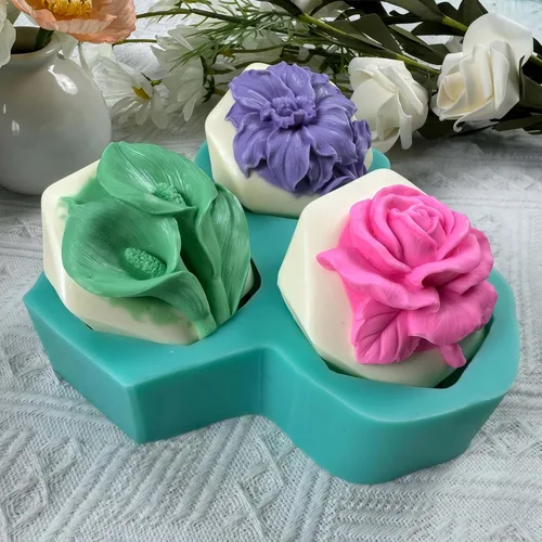 Vista 4 de Molde de jabón hexagonal para alivio de flores, 3 cavidades, molde de silicona para jabón natural, vela perfumada, cera de chocolate, mousse