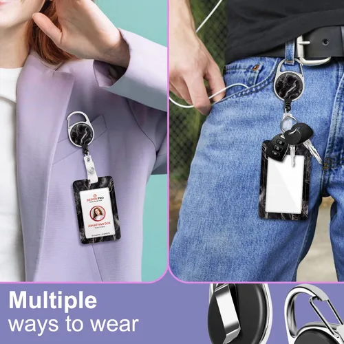 Vista 5 de Soporte para tarjetas de identificación con cordón y clip retráctil para carretes de insignias, cordón de mármol para identificación, protector