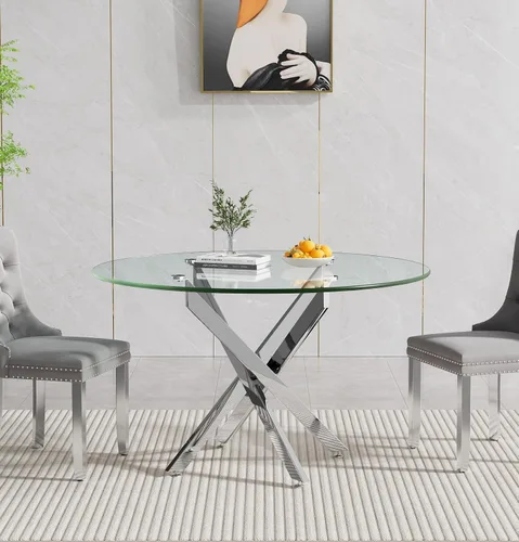 Vista 10 de Mesa de comedor redonda de vidrio de 36 pulgadas para 2-4 personas, patas de metal negro resistentes, mesa de cocina redonda de vidrio