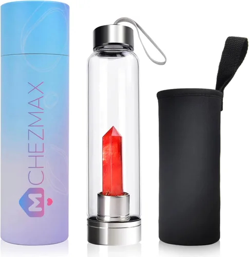Vista 11 de ChezMax Botella de agua en cristal con centro de cristal natural intercambiable 18.6Oz, Natural Quartz Gemstone, Juice Container with Lid Sleeve