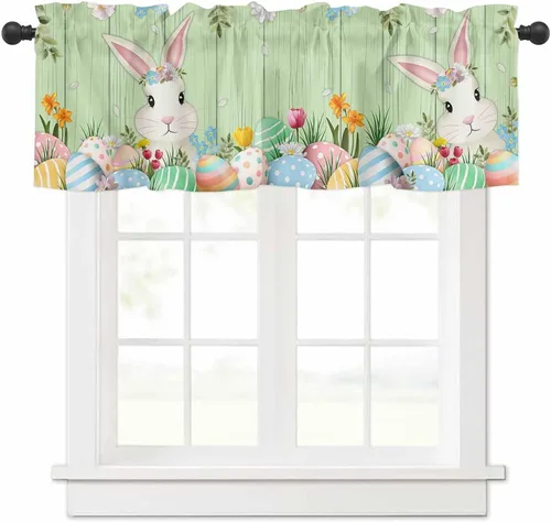 Vista 12 de Cenefa de primavera con amarre para ventanas de cocina, cenefas de cortina con lindos huevos coloridos de conejo, 42 x 12 pulgadas, 1 panel
