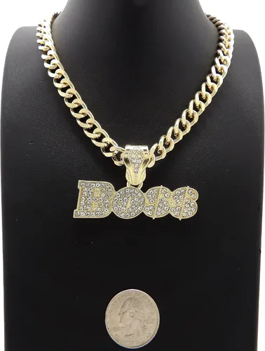 Vista 3 de Urban BOSS Script - Collar con colgante de cadena cubana, color dorado