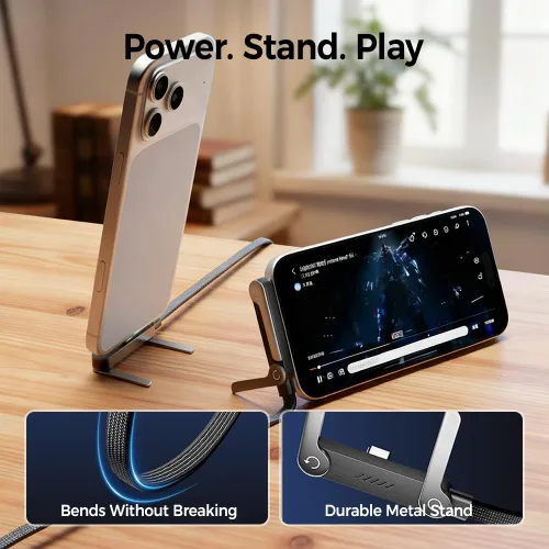 Vista 4 de Cable de carga rápida trenzado de 240 W con soporte para teléfono integrado, cable de carga USB-C a USB-C duradero en forma de T 2026, cable de negro
