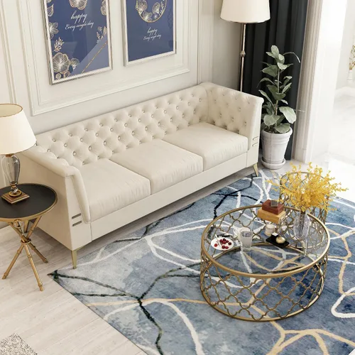 Vista 7 de Sofá de terciopelo beige moderno Mid-Century con patas de metal dorado, sofás Chesterfield de 3 plazas para sala de estar, dormitorio, apartamento