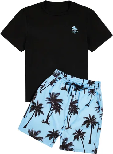 Vista 55 de GORGLITTER Conjunto de 2 piezas de camiseta gráfica de manga corta para hombre, estampado hawaiano con cordón y pantalones cortos