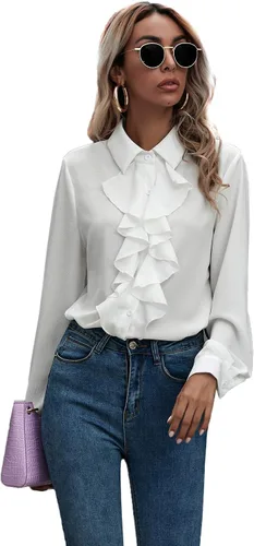 Vista 4 de SheIn Blusa de gasa de manga larga con botones y volantes de loto para mujer